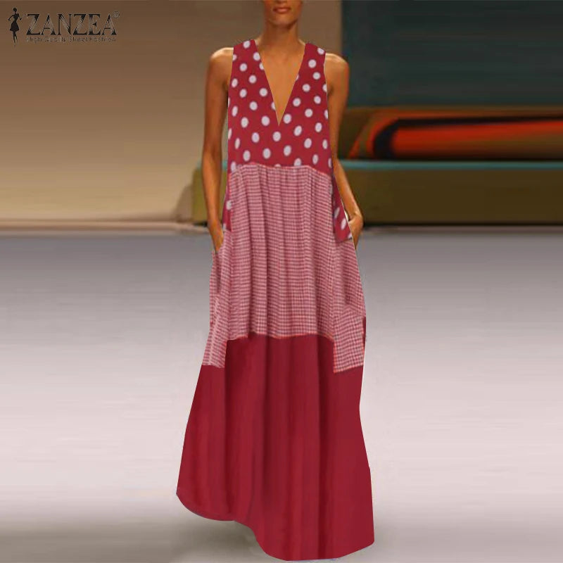Women's Bohemian Ruffle Sundress  ZANZEA Summer Sleeveless Floral Printed Maxi Long Dress Casual Loose Party Tanks Vestido